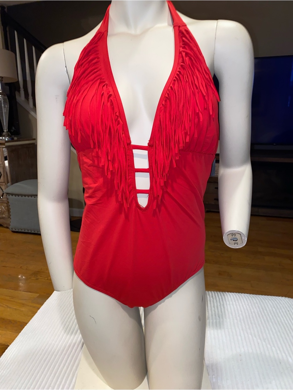 Guess Red Fringe Halter One-Piece Swimsuit